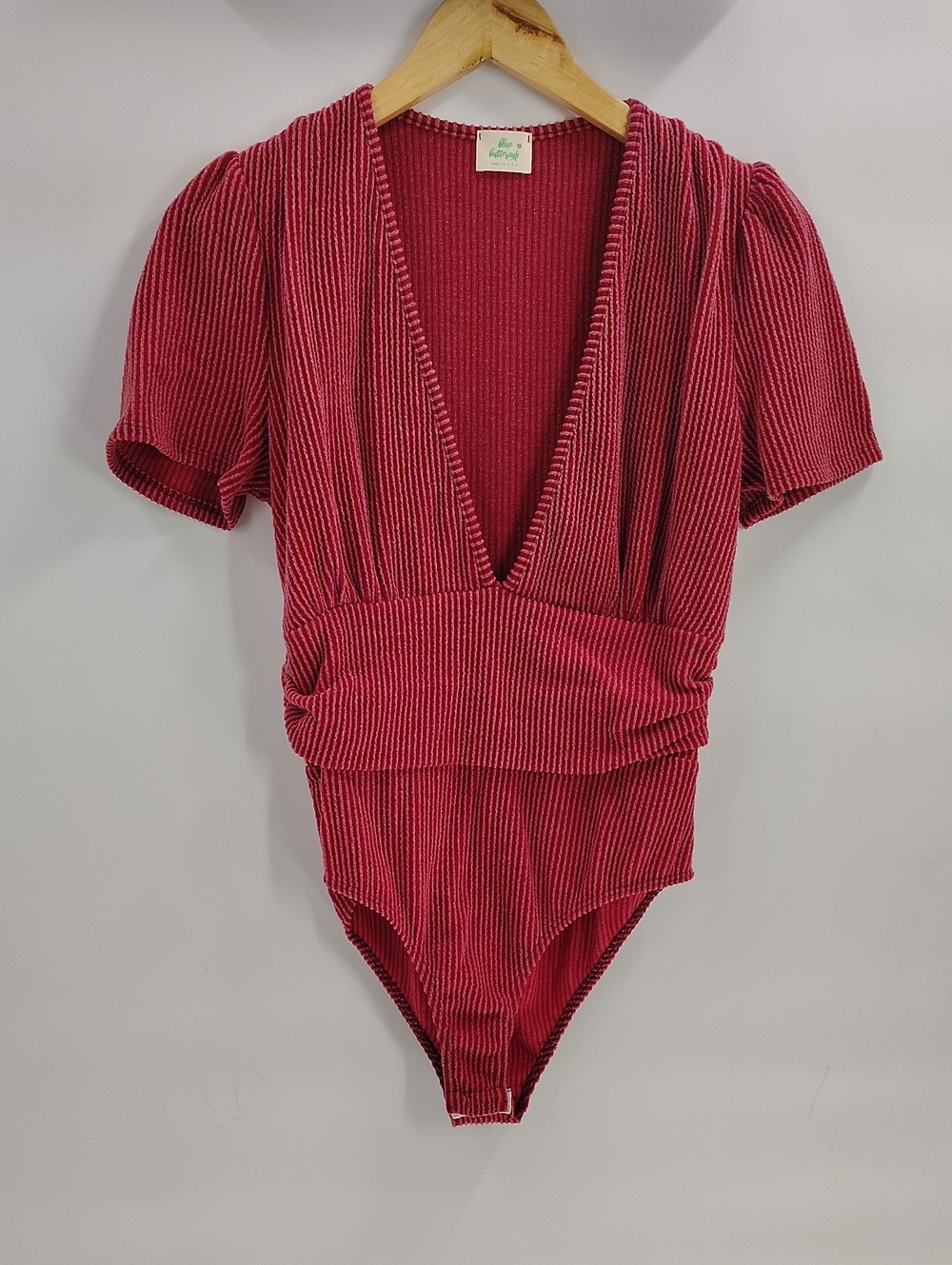 Blue Buttercup Bodysuit Red Short  V Neck Long Sleeve Ribbed Stretch